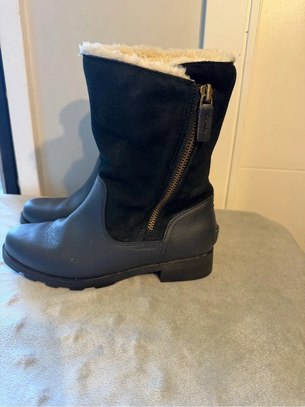 Women's Sorrel Emilie Black Mid-Calf Leather & Suede Zip Boots - Picture 6 of 14